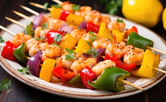 Colorful dish of shrimp and bell peppers on skewers and plate