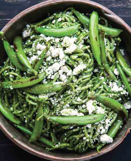 Nettle Pesto Pasta Recipe with Blistered Snap Peas